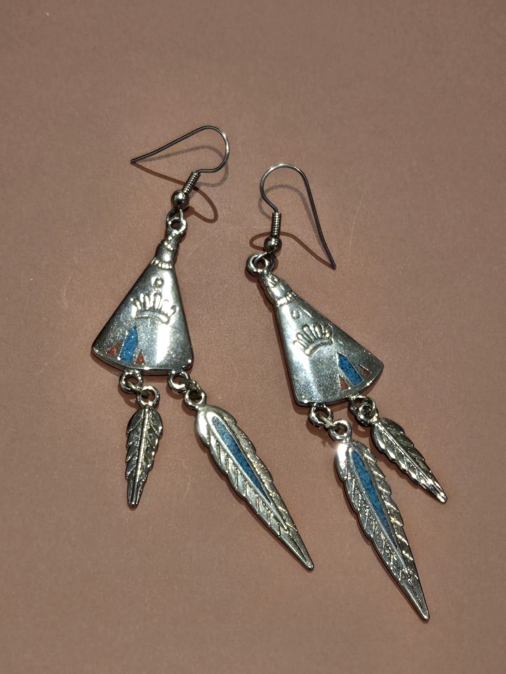 Vintage-Style Silver Tone Tipi Dangle Earrings with Faux Turquoise & Coral Inlay